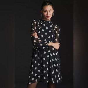 NWT Anthropologie Maeve Long-Sleeve Sheer Mini Dress Polka Dot